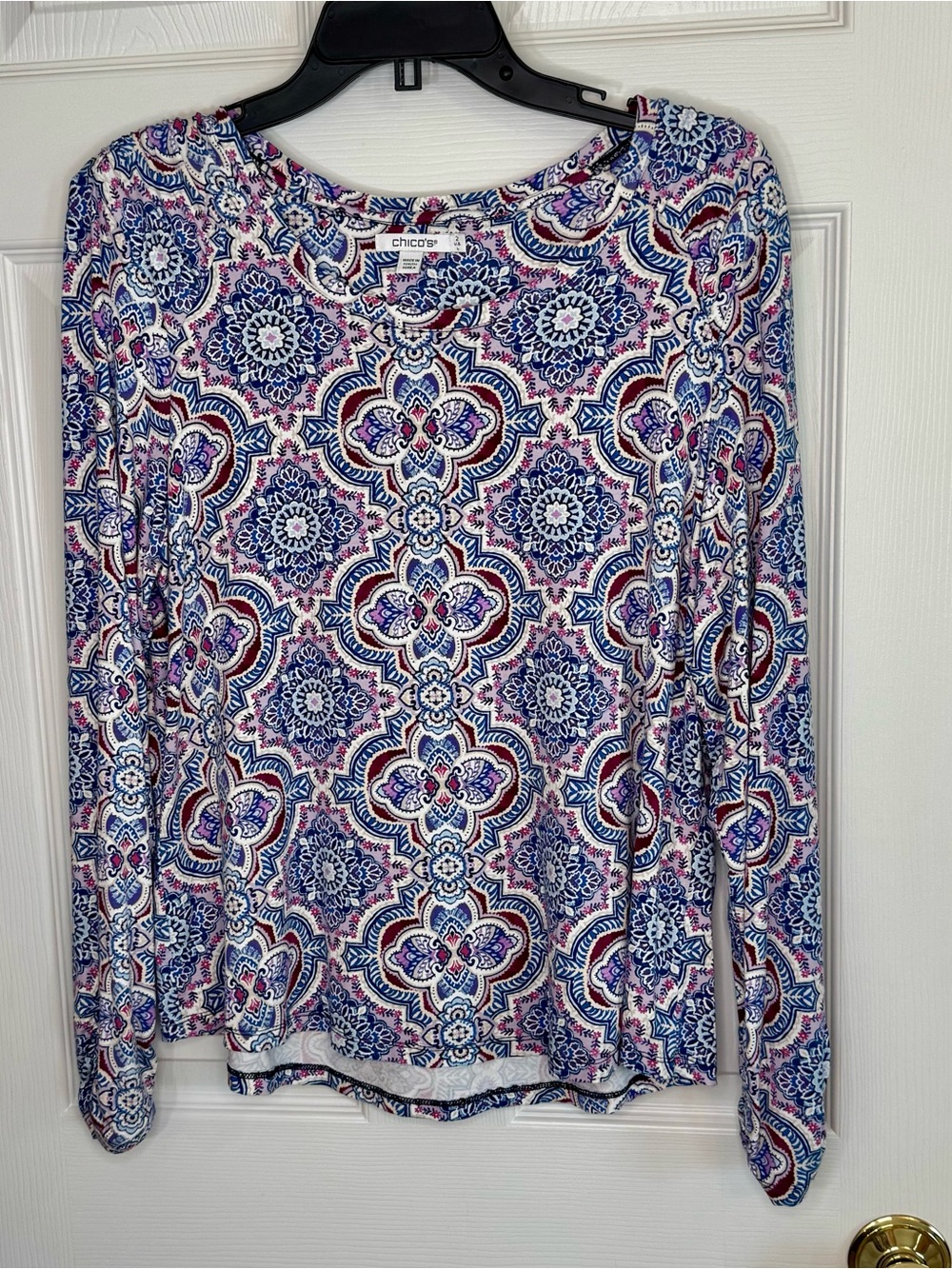 Chico's Long-Sleeve Scoop Neck Top in Blue, Purple & Pink Medallion Print